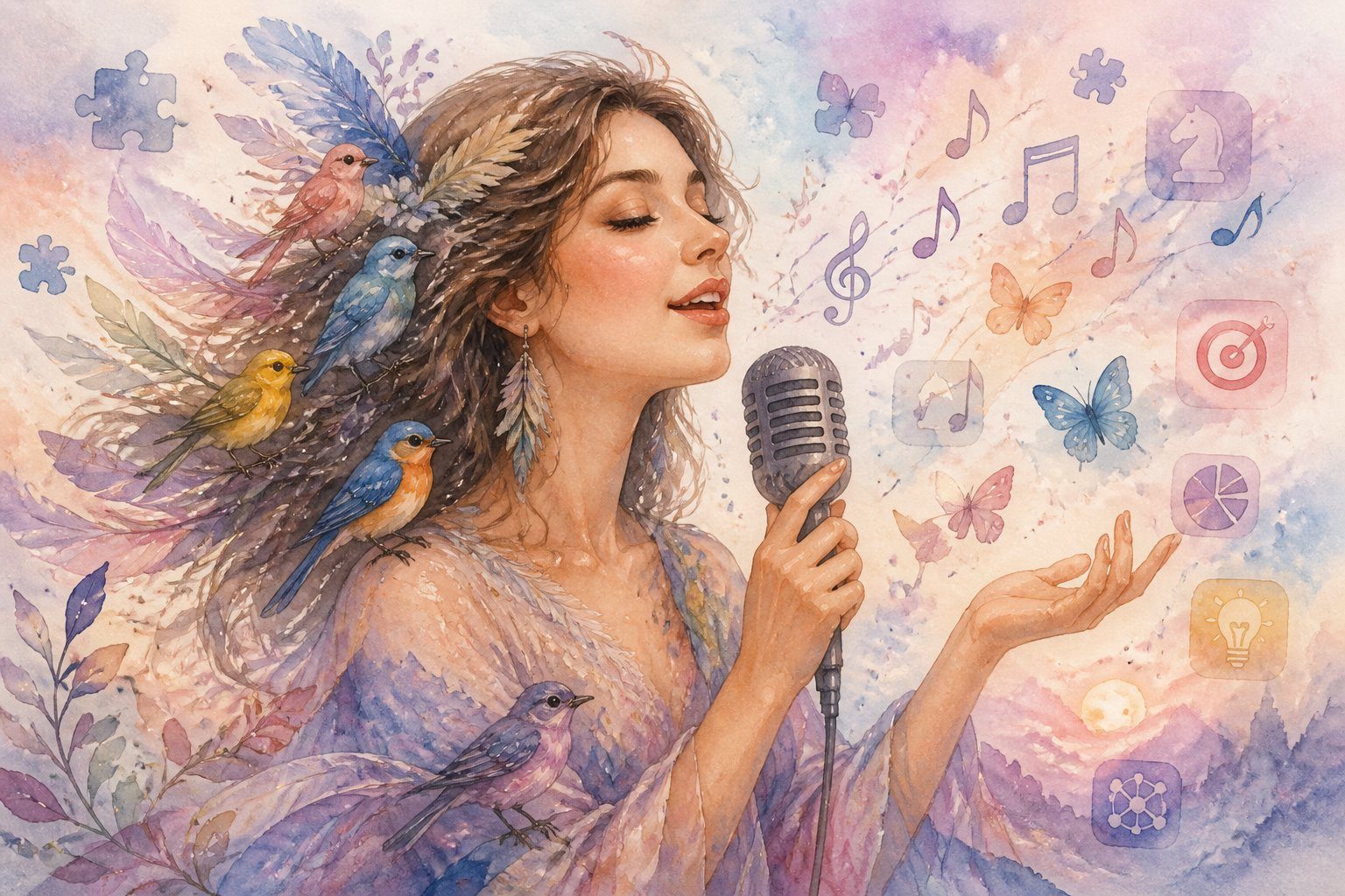Mulher cantando cercada por pequenos pássaros coloridos, com notas musicais flutuando ao redor, em um cenário suave e sonhador.