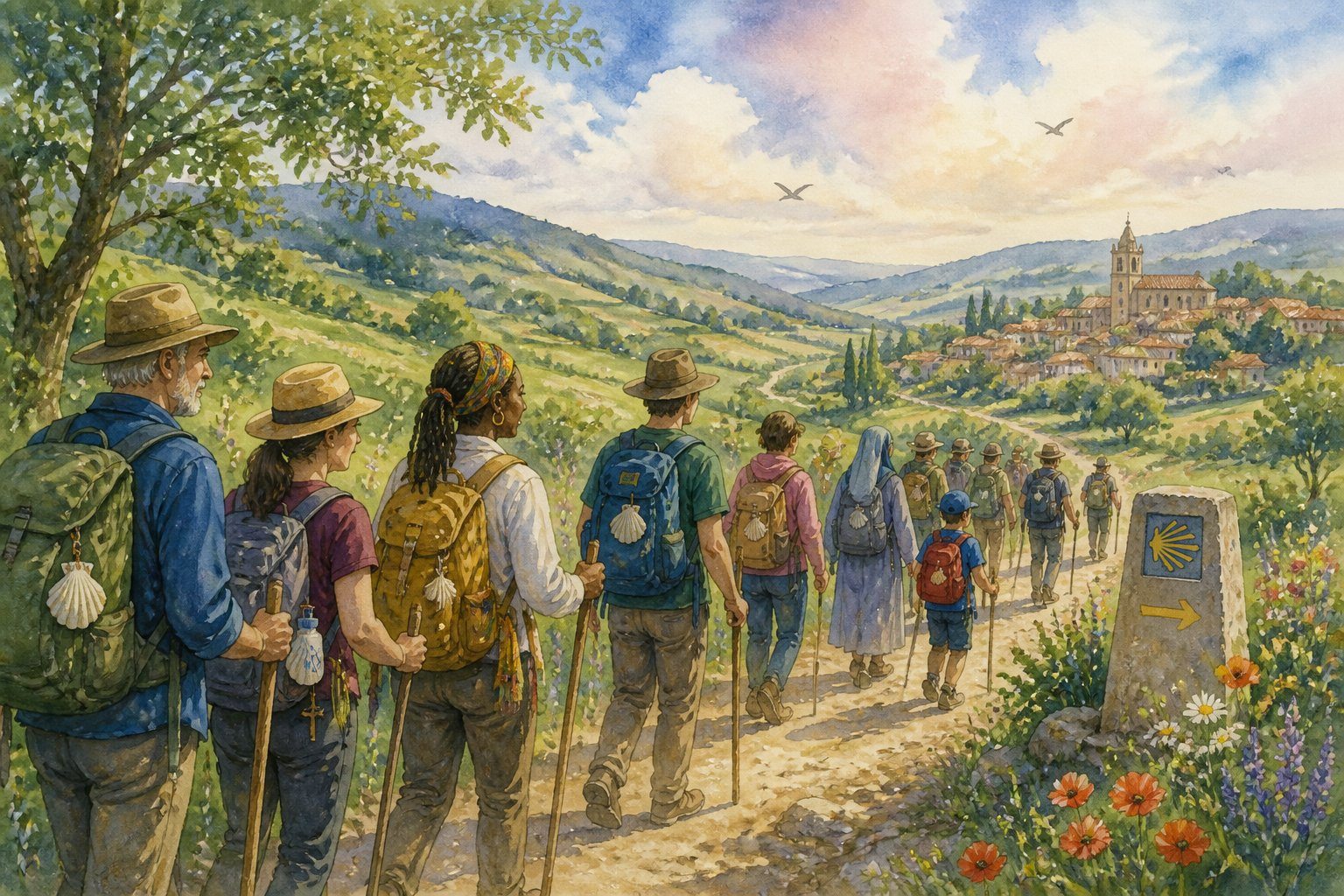 Grupo de peregrinos caminhando juntos por uma paisagem com colinas verdes e flores, transmitindo união e propósito comum.