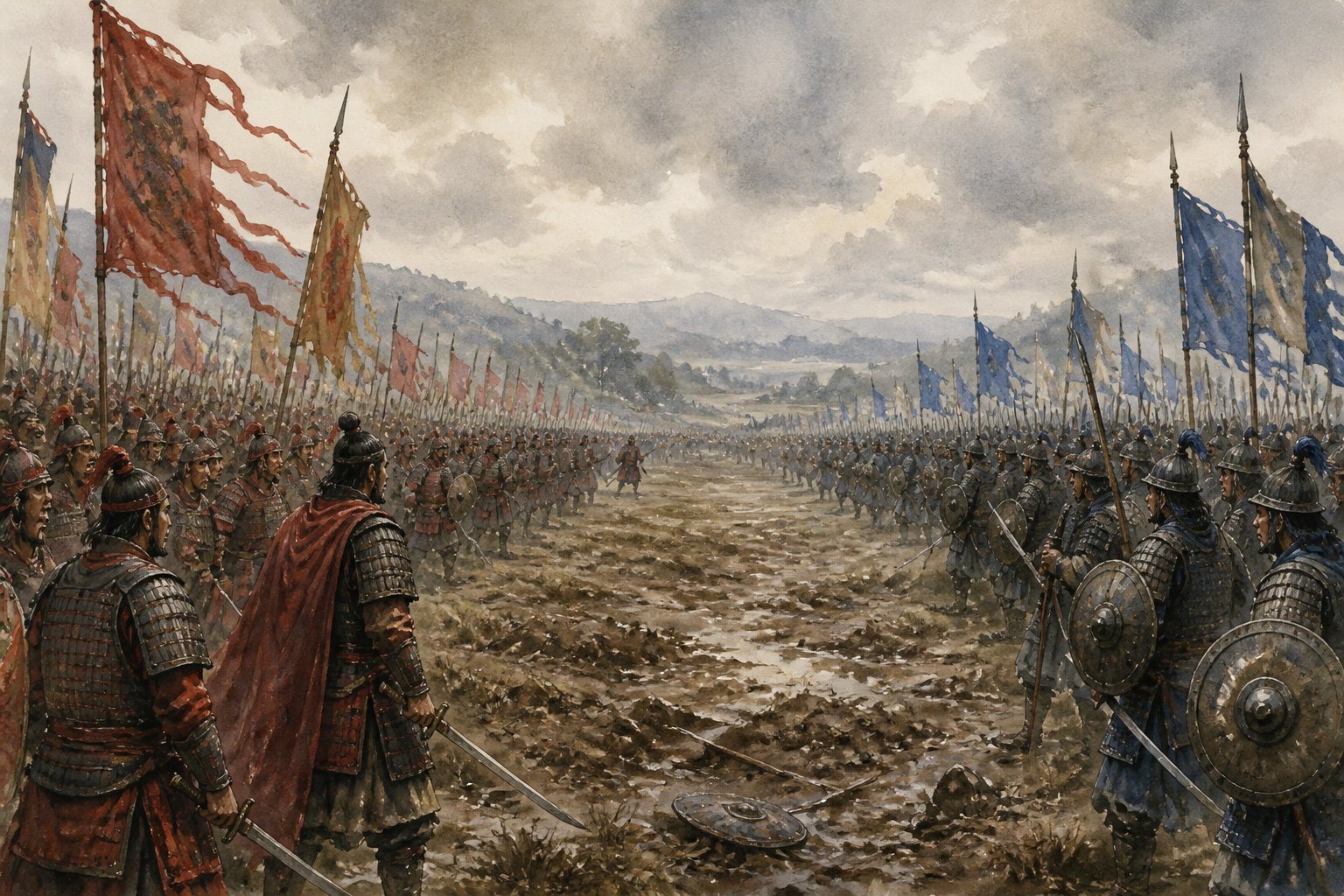 Cena de um campo de batalha com dois exércitos alinhados frente a frente, prontos para o conflito.