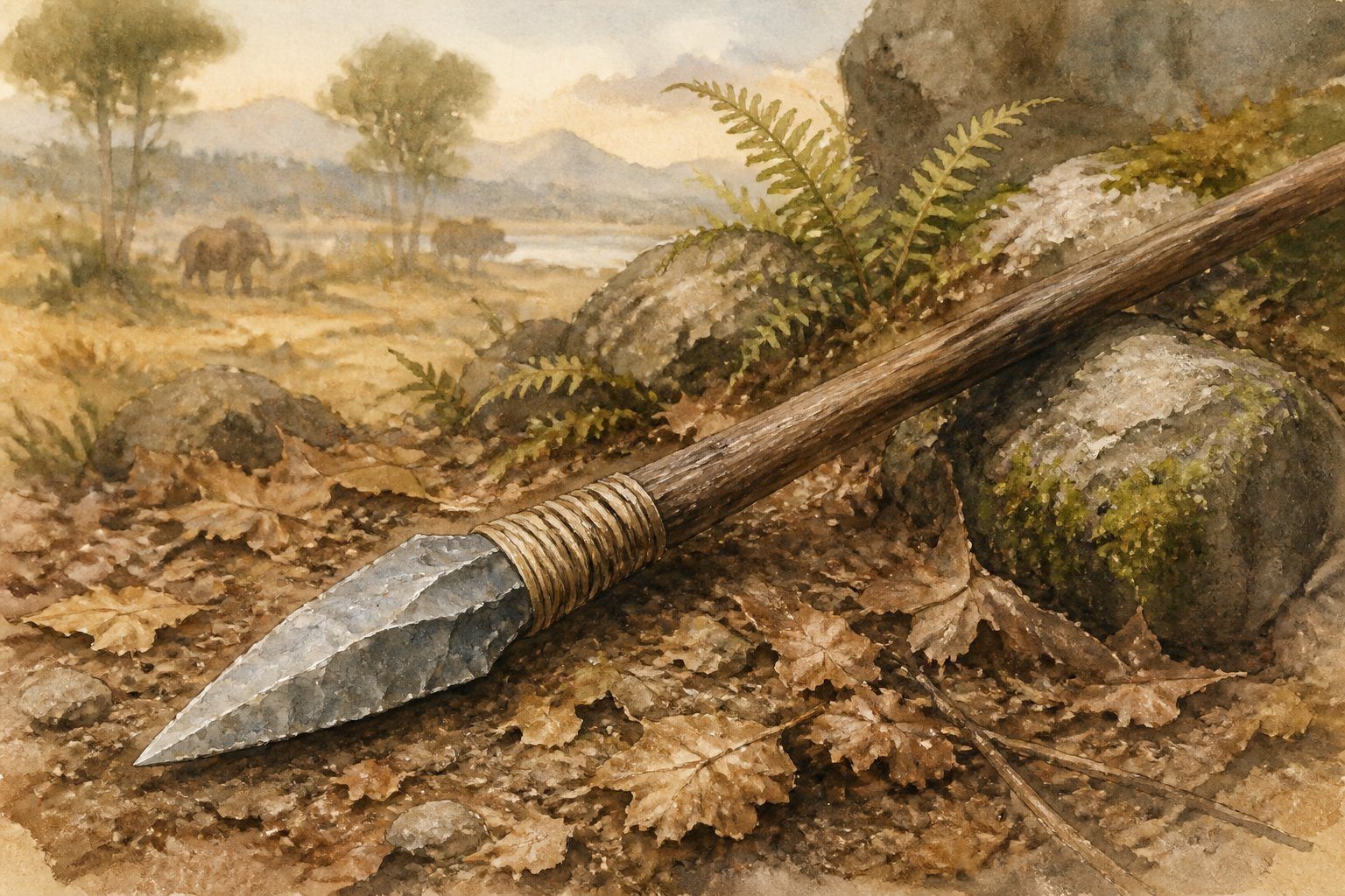 Uma lança primitiva apoiada no chão em meio a folhas secas e pequenas pedras, com vegetação pré-histórica ao redor.