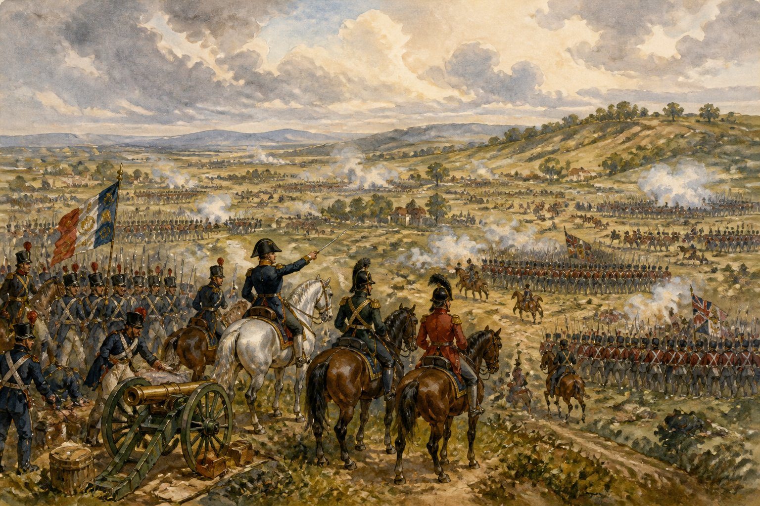 Dois exércitos em conflito em um campo de batalha com soldados, cavalaria e canhões, em meio a colinas e árvores.