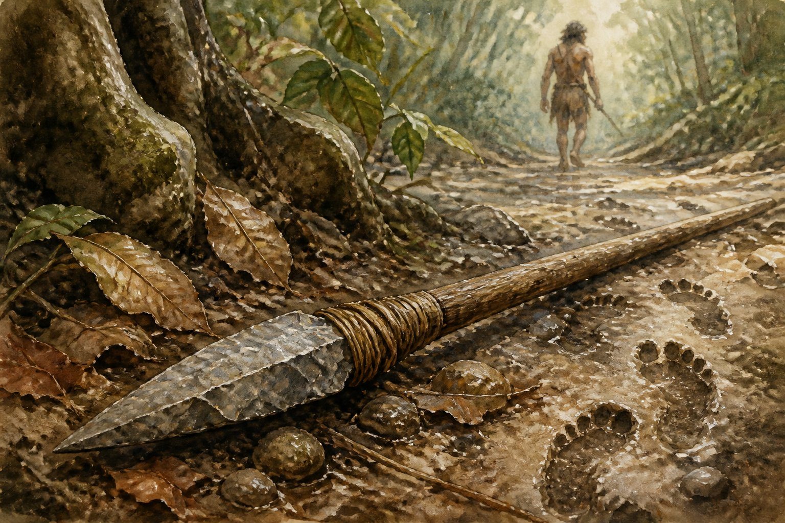 Artefato de caça primitivo, como uma lança de pedra, sobre o chão da floresta com folhas e pedras ao redor.