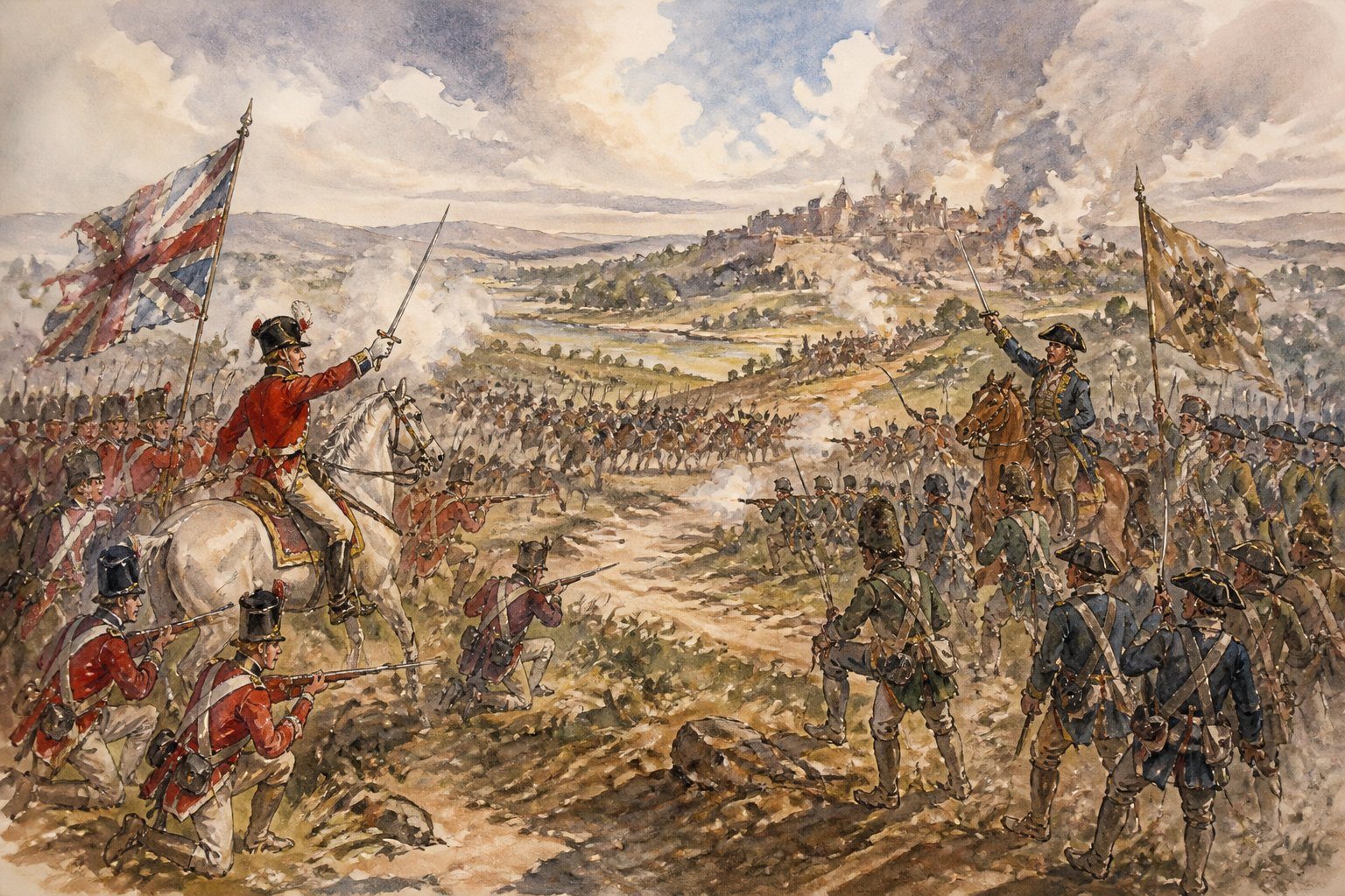 Cena de um campo de batalha com dois exércitos enfrentando-se, soldados em uniformes históricos lutando em terreno aberto com colinas e árvores ao fundo.