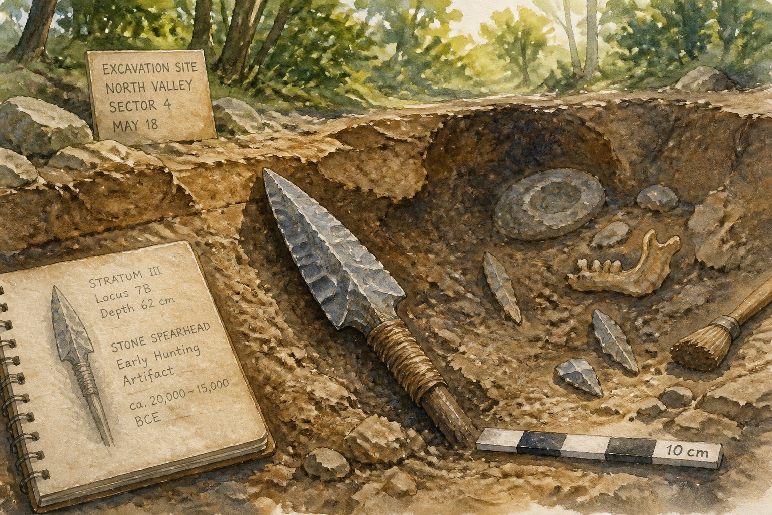 Um sítio arqueológico com uma ponta de lança de pedra antiga parcialmente desenterrada no solo, cercada por terra e pequenas pedras, com vegetação ao fundo.