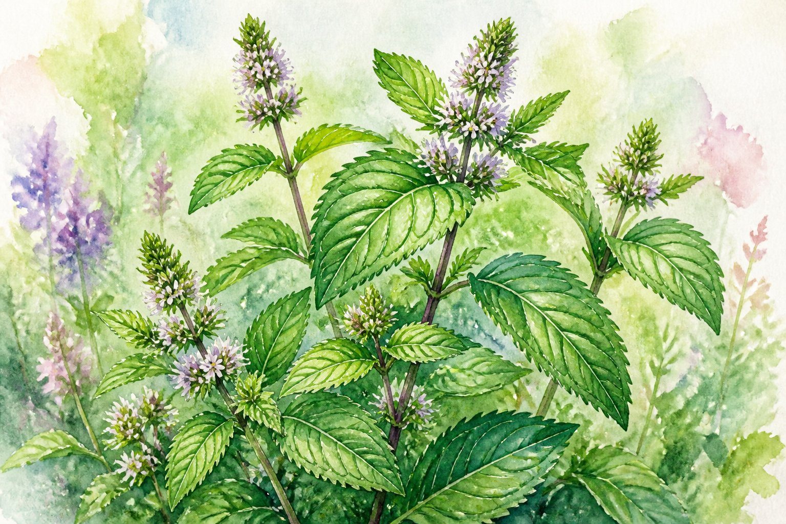 Uma planta verde com folhas e pequenas flores, usada para fazer infusões, em um ambiente natural e calmo.