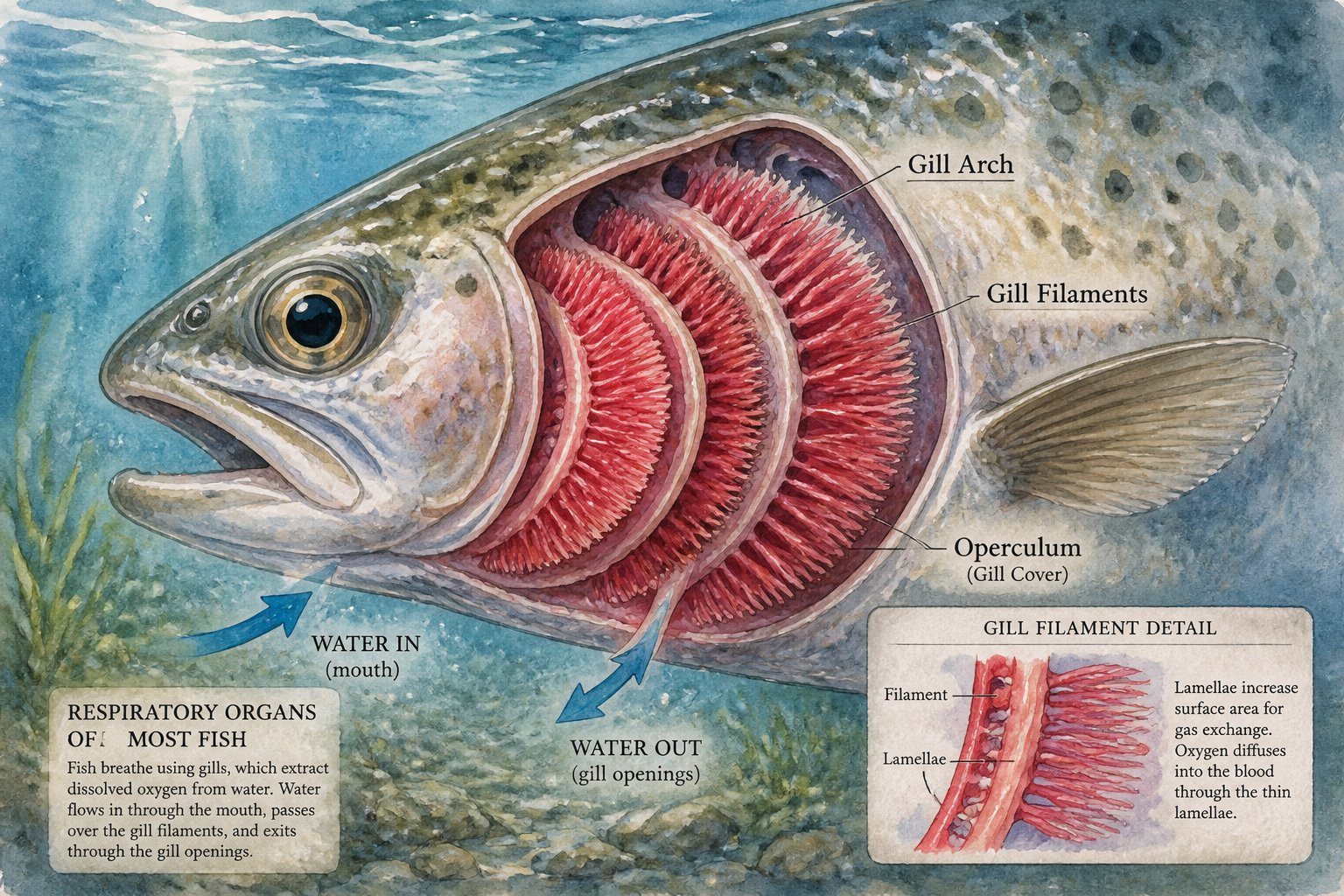 Peixe visto de perto mostrando suas brânquias vermelhas e rosadas em um ambiente aquático.
