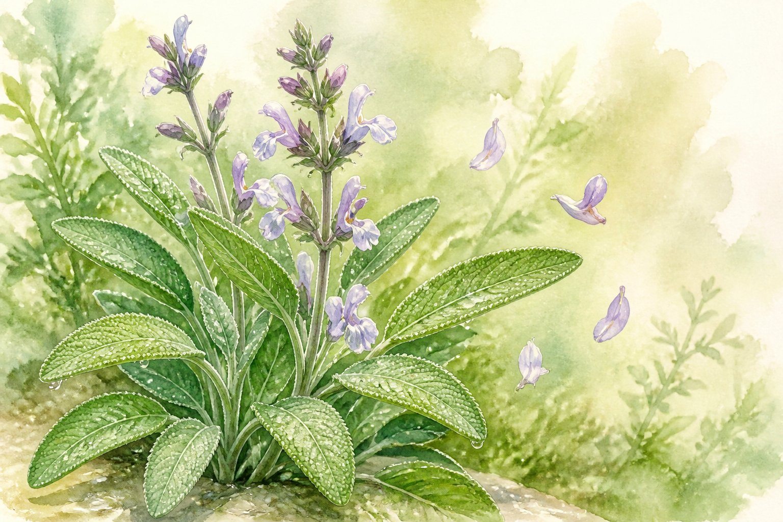 Uma planta medicinal popular usada em infusões, com folhas verdes e pequenas flores, em um ambiente natural e tranquilo.