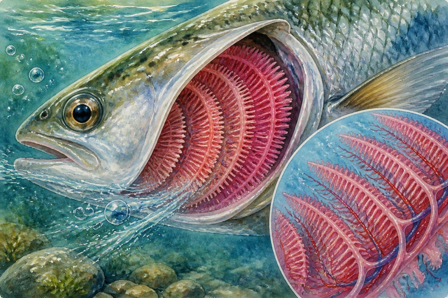 Vista próxima das brânquias de um peixe, mostrando as estruturas delicadas e vermelhas responsáveis pela respiração, submersas em água azul-esverdeada.