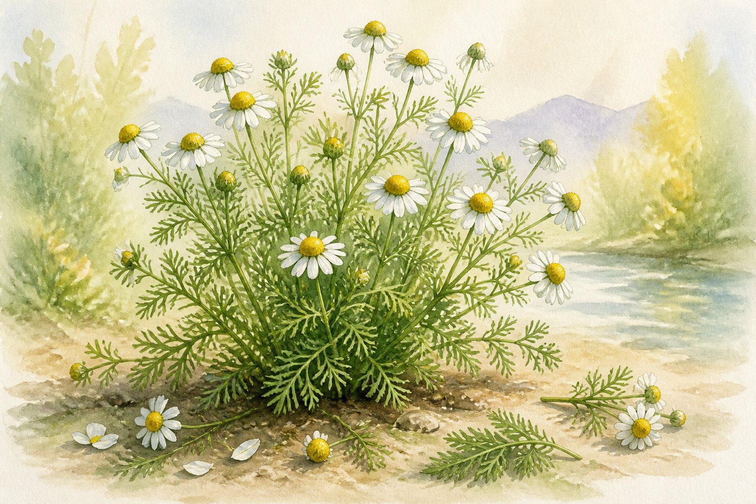 Planta medicinal popular com folhas verdes e pequenas flores, com algumas folhas e flores soltas ao redor, em um ambiente calmo e natural.