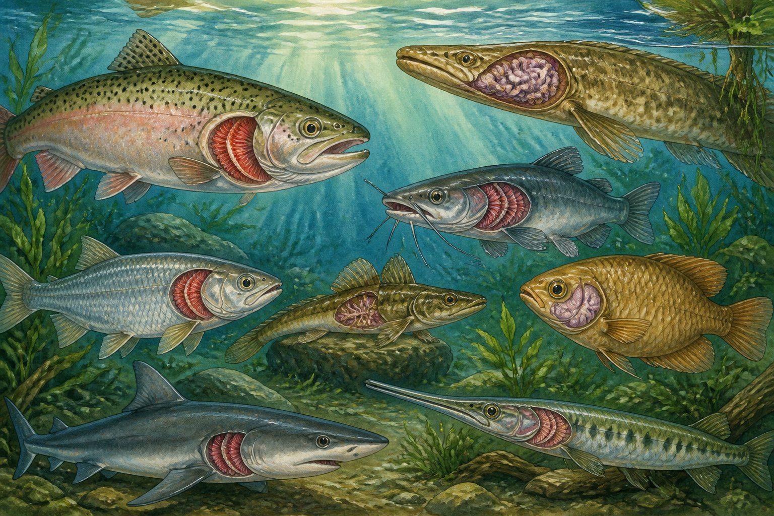 Vários peixes nadando em um ambiente aquático, mostrando diferentes órgãos respiratórios adaptados, como brânquias e estruturas especializadas.