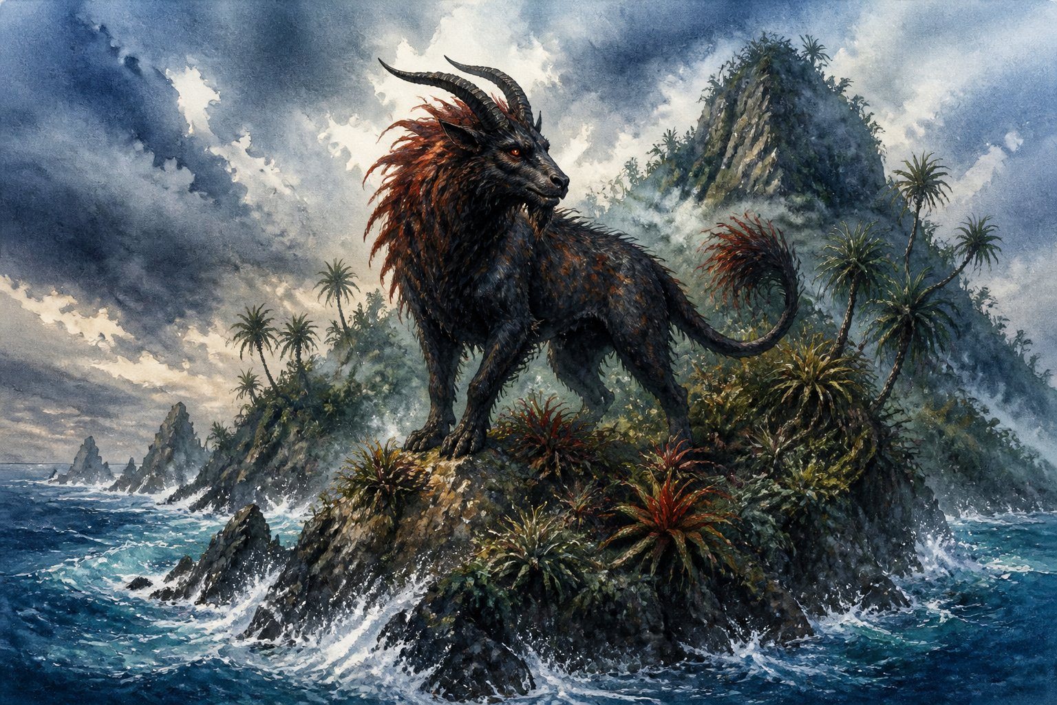 Uma ilha rochosa cercada por ondas do mar, com uma criatura mística de aparência feroz e chifres, rodeada por vegetação densa e céu nublado.
