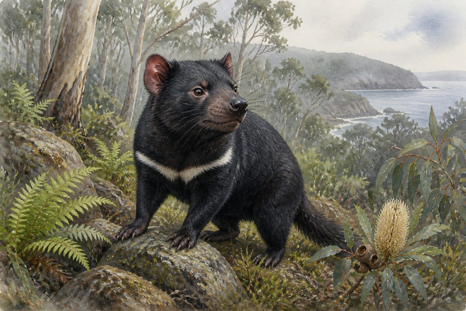 Um diabo-da-tasmânia em seu habitat natural, entre vegetação verde e árvores, em uma paisagem de ilha com terreno rochoso.