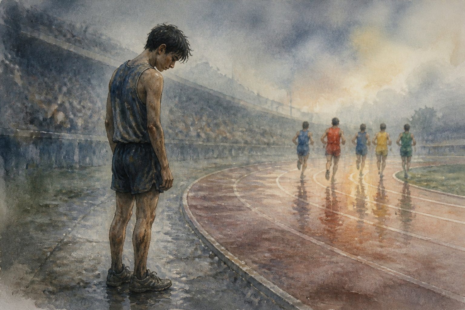 Uma pessoa sozinha na beira de uma pista de corrida, com expressão triste e postura desanimada, enquanto outras figuras ao fundo parecem confiantes.