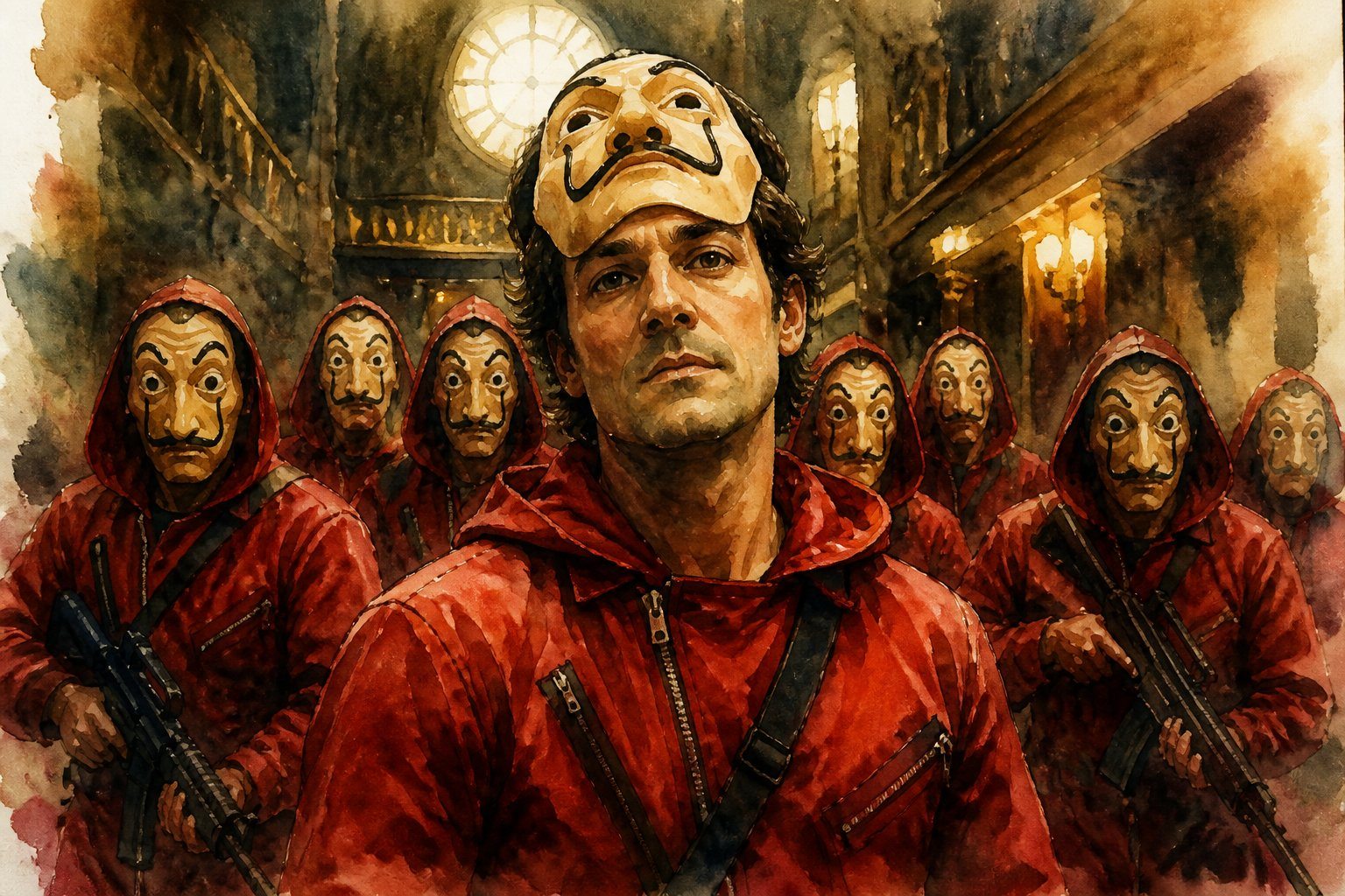 Um homem confiante lidera um grupo de pessoas vestidas com macacões vermelhos e máscaras, dentro de um ambiente que parece ser um banco.