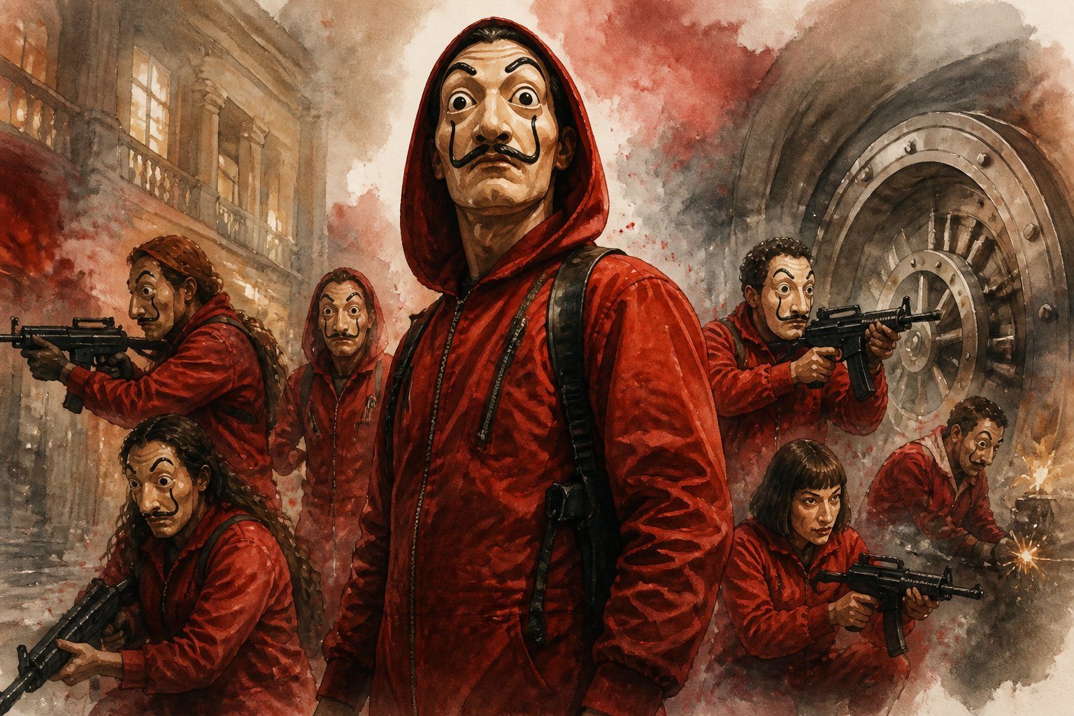 Um grupo de ladrões liderados por um homem de macacão vermelho e máscara, em uma cena de ação durante um assalto.