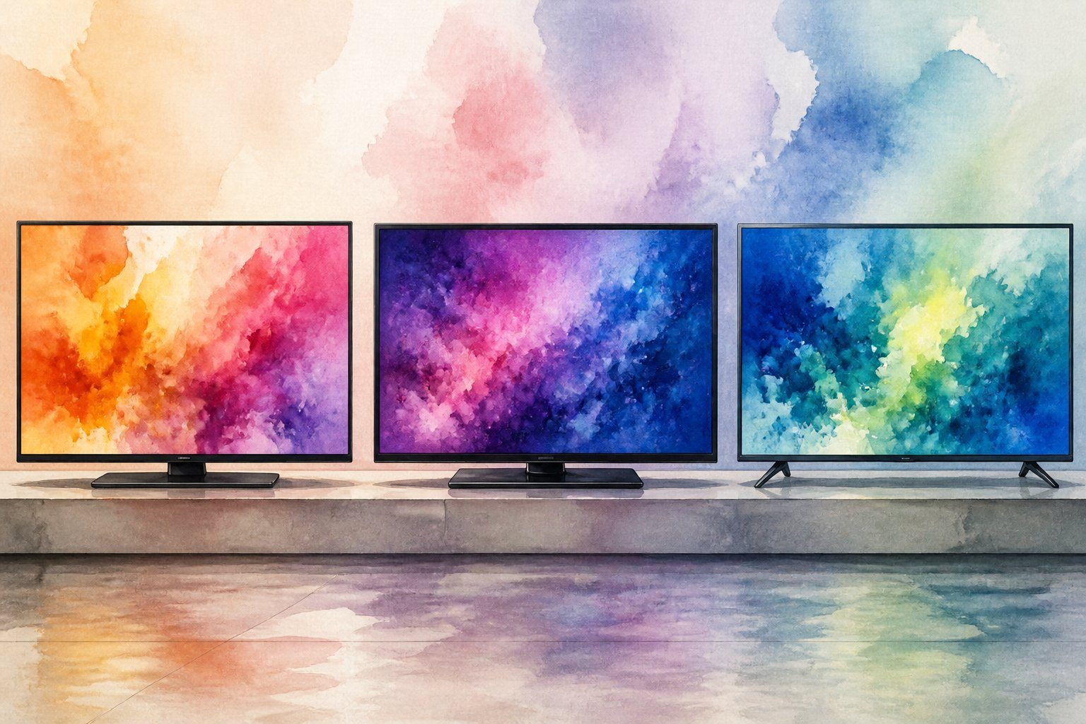 Três televisores modernos lado a lado, cada um representando um tipo diferente: LCD, plasma e LED, exibindo padrões coloridos e abstratos.