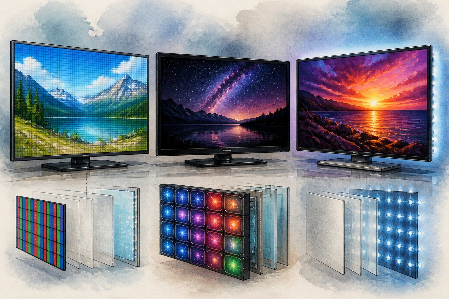 Três televisores lado a lado mostrando diferentes tipos de telas com cores vibrantes e características distintas.