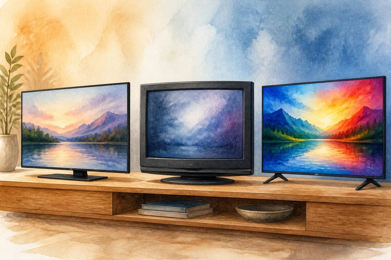 Três televisores diferentes lado a lado sobre uma mesa, representando tipos variados de telas eletrônicas.