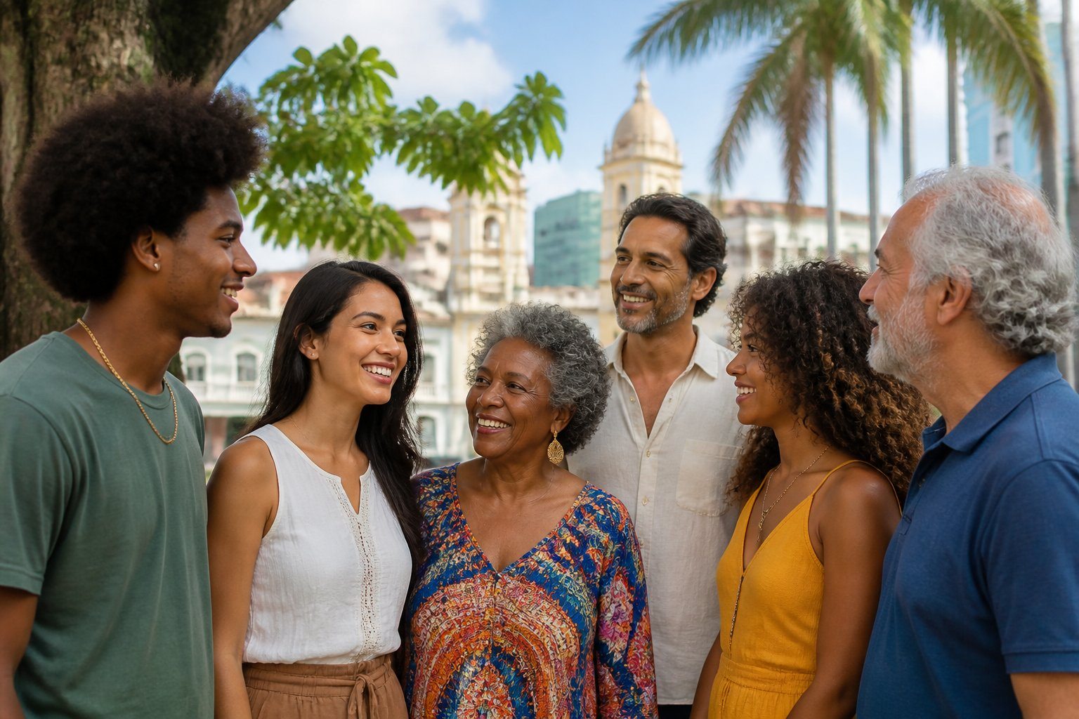 Grupo diverso de pessoas brasileiras conversando em um parque urbano ensolarado.