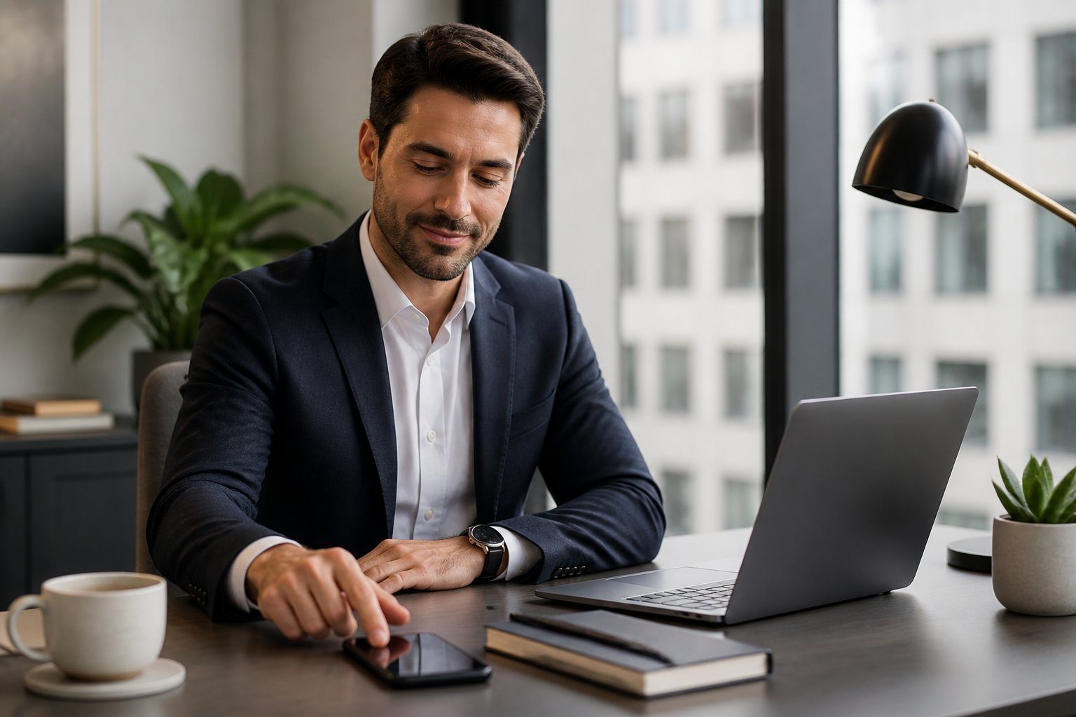 Pessoa elegante fechando um aplicativo no smartphone em um escritório moderno e iluminado.
